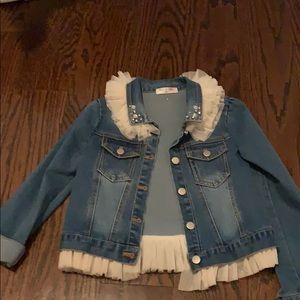 Denim jacket with ruffle collar and bottom